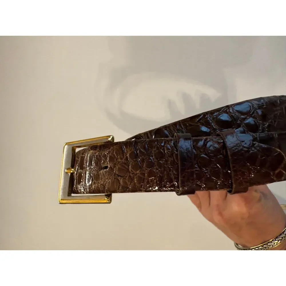 Vintage Brown Genuine Alligator Skin Belt Gold Tone Buckle 36 Old Money Class